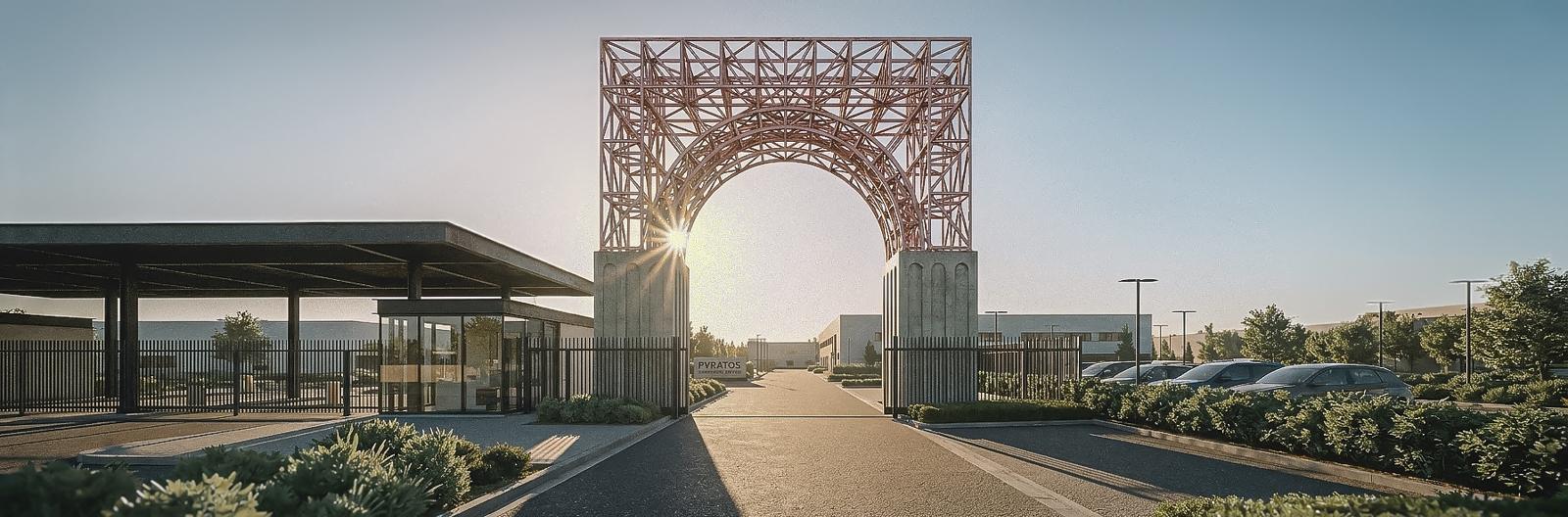 Puratos Gate — корпоративная въездная арка, дневная сцена (визуализация архитектурного проекта)